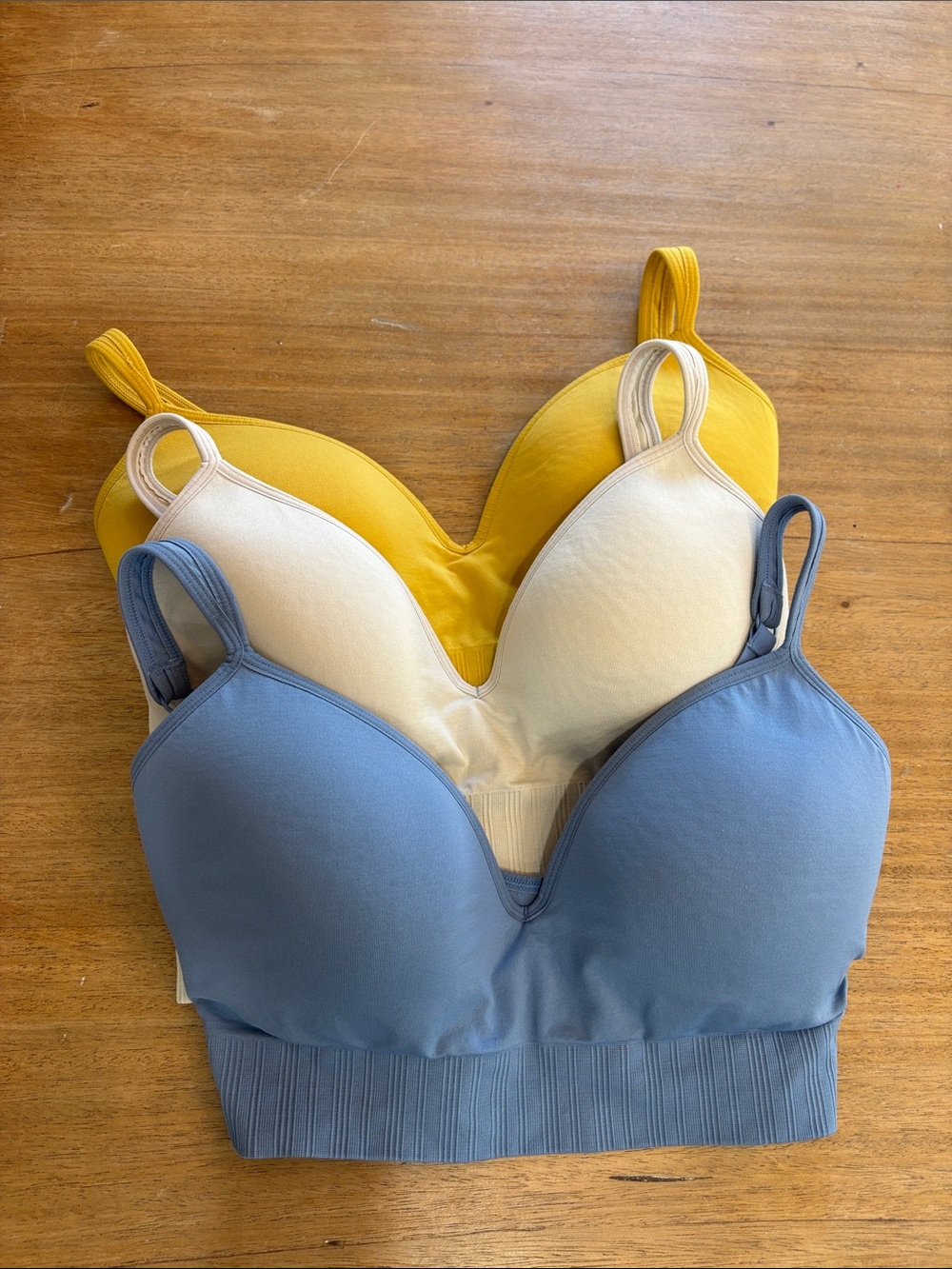 Athleta Bralette Trio in Blue, Cream & Mustard